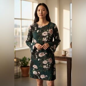 Club Monaco Dark Green Floral Long Sleeve Dress